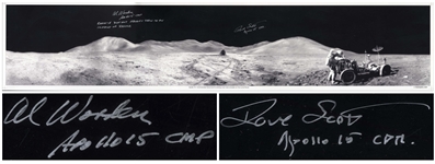 Al Worden & Dave Scott Signed Panoramic 40.5 x 8.5 Photo of the Moons Surface -- Worden Additionally Writes His Famous Quote About Seeing Earth From the Moon